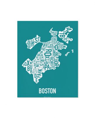 Boston Neighborhood Map Screenprint, Teal & White, 11" x 14"