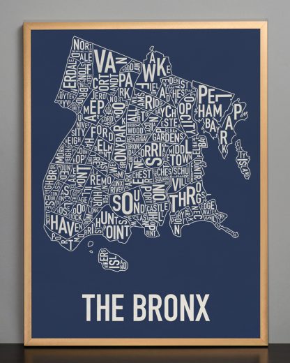 Framed Bronx Neighborhood Map Poster, Navy & Cream, 18" x 24" in Bronze Frame