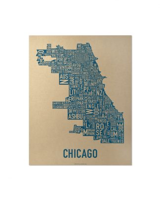 Chicago Neighborhood Map, Gold & Blue Screenprint, 11" x 14"