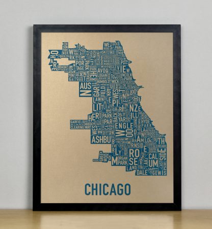 Framed Chicago Neighborhood Map, Gold & Blue Screenprint, 11" x 14" in Black Frame