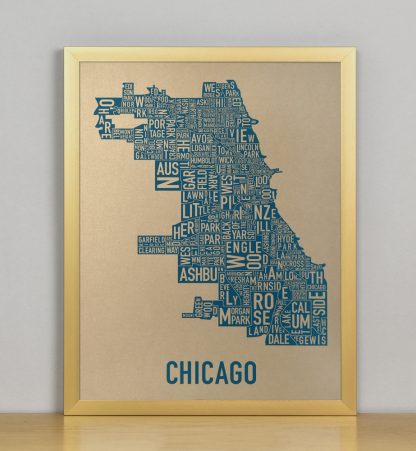 Framed Chicago Neighborhood Map, Gold & Blue Screenprint, 11" x 14" in Bronze Frame