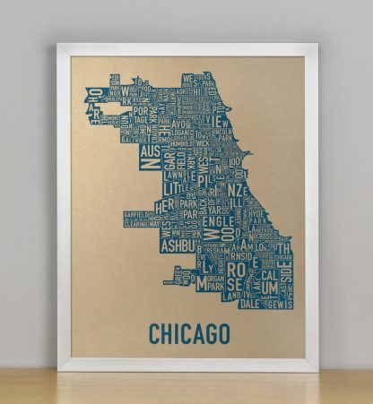 Framed Chicago Neighborhood Map, Gold & Blue Screenprint, 11" x 14" in Silver Frame