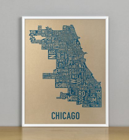 Framed Chicago Neighborhood Map, Gold & Blue Screenprint, 11" x 14" in White Metal Frame