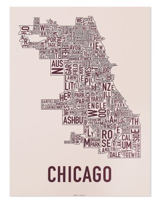 Chicago Neighborhood Map Screenprint, Blush & Burgundy, 18" x 24"