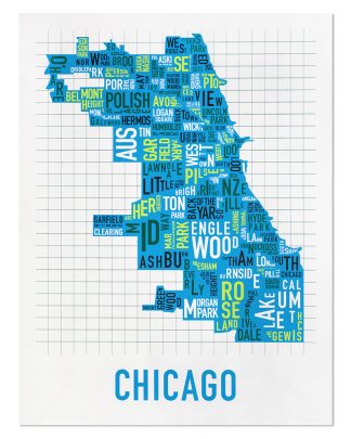 Chicago Neighborhood Map Screenprint, White & Blue Multi, 22" x 28"