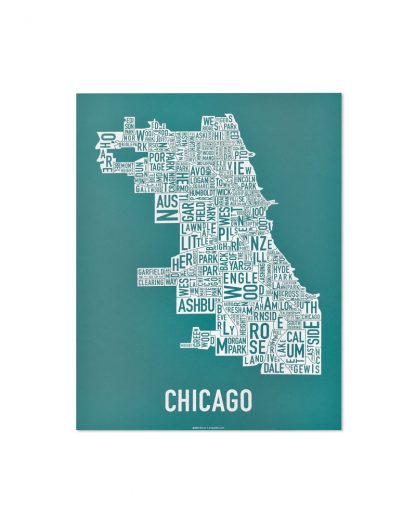 Chicago Neighborhood Map Screenprint, Teal & White, 11" x 14"