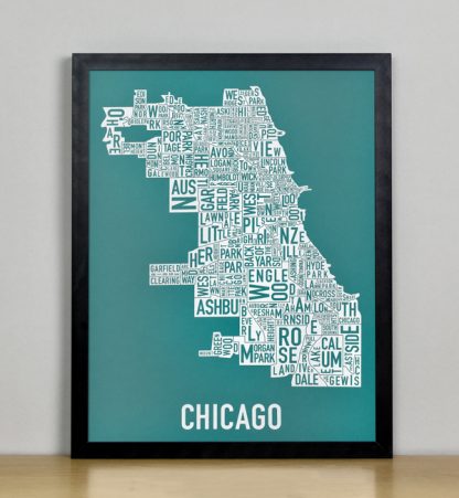 Framed Chicago Typographic Neighborhood Map Screenprint, Teal & White, 11" x 14" in Black Metal Frame