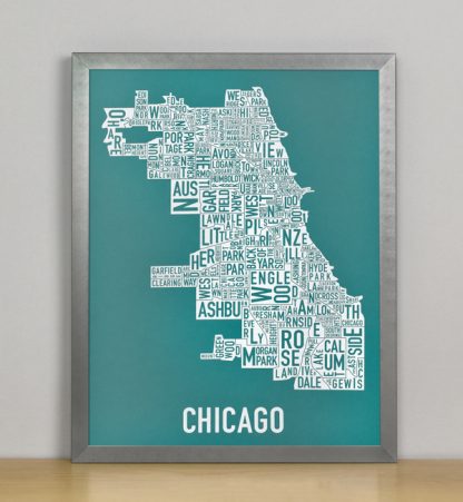 Framed Chicago Typographic Neighborhood Map Screenprint, Teal & White, 11" x 14" in Grey Metal Frame