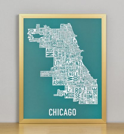 Framed Chicago Typographic Neighborhood Map Screenprint, Teal & White, 11" x 14" in Bronze Metal Frame