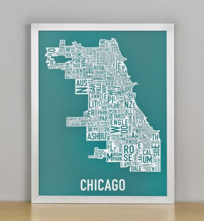 Framed Chicago Typographic Neighborhood Map Screenprint, Teal & White, 11" x 14" in Silver Metal Frame