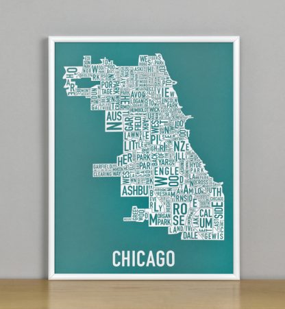 Framed Chicago Typographic Neighborhood Map Screenprint, Teal & White, 11" x 14" in White Metal Frame