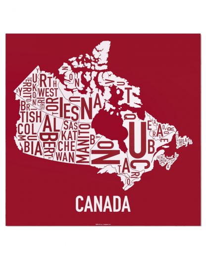 Canada Provinces Typography Map, Red & White, 24" x 24"