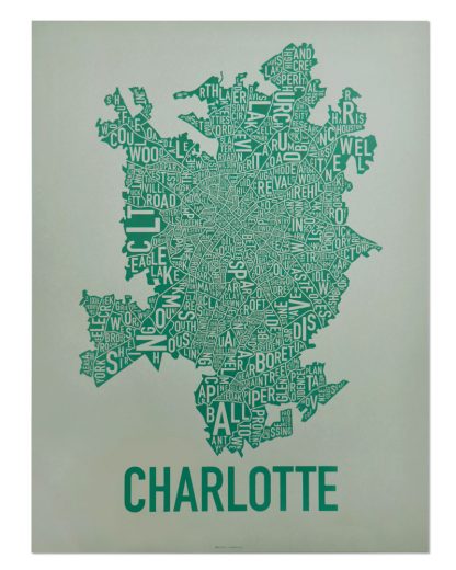 Original Charlotte Neighborhood Typographic Map Poster in Green and Grey