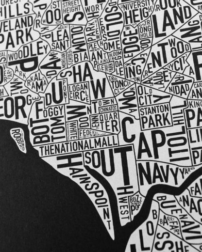 Washington DC Neighborhood Map Screenprint, Black & White, 11" x 14"