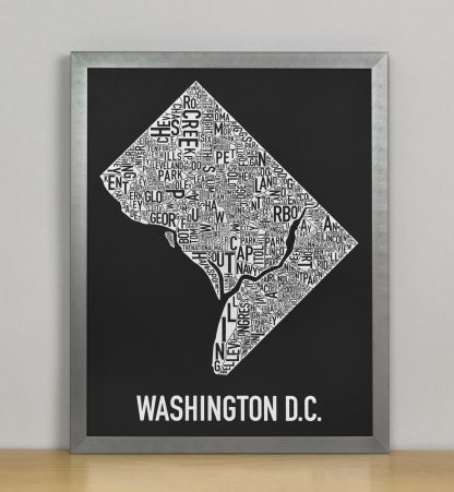 Framed Washington DC Neighborhood Map Screenprint, Black & White, 11" x 14" in Steel Grey Frame