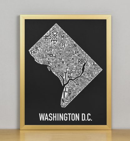 Framed Washington DC Neighborhood Map Screenprint, Black & White, 11" x 14" in Bronze Frame