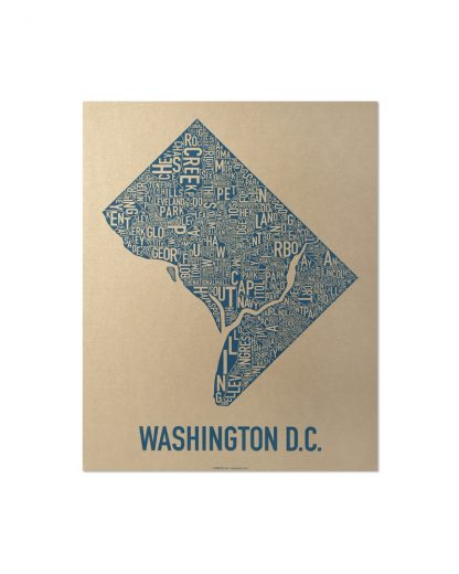 Washington DC Neighborhood Map, Gold & Blue Screenprint, 11" x 14"