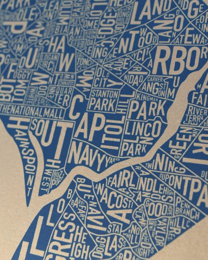 Washington DC Neighborhood Map, Gold & Blue Screenprint, 11" x 14"