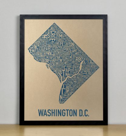Framed Washington DC Neighborhood Map, Gold & Blue Screenprint, 11" x 14" in Black Frame