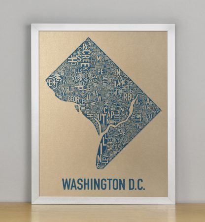 Framed Washington DC Neighborhood Map, Gold & Blue Screenprint, 11" x 14" in Silver Frame