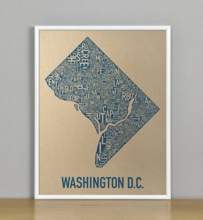 Framed Washington DC Neighborhood Map, Gold & Blue Screenprint, 11" x 14" in White Metal Frame