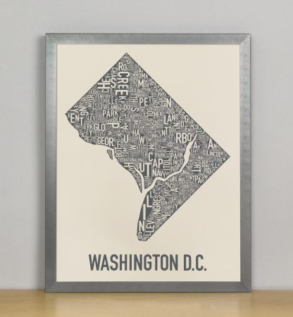 Framed Washington DC Neighborhood Map Screenprint, Ivory & Grey, 11" x 14" in Steel Grey Frame