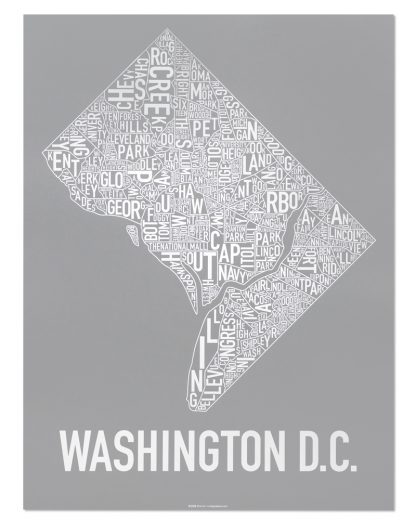 Washington DC Neighborhood Map Screenprint, Grey & White, 18" x 24"