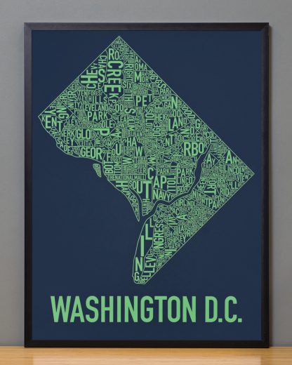 Framed Washington DC Neighborhood Map Screenprint, Navy & Green, 18" x 24" in Black Frame