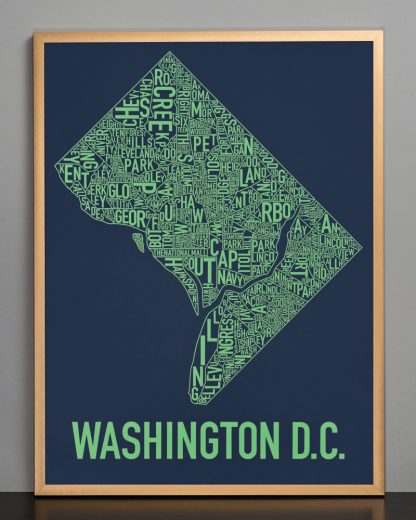 Framed Washington DC Neighborhood Map Screenprint, Navy & Green, 18" x 24" in Bronze Frame
