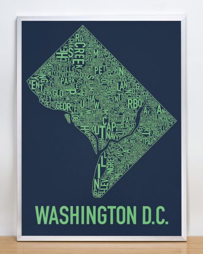 Framed Washington DC Neighborhood Map Screenprint, Navy & Green, 18" x 24" in Silver Frame