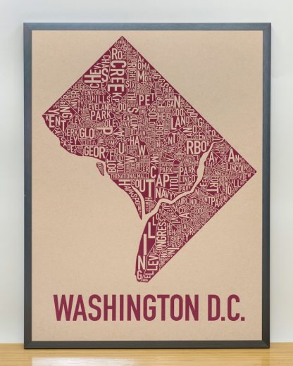 Framed Washington DC Neighborhood Map Screenprint, Tan & Berry, 18" x 24" in Steel Grey Frame