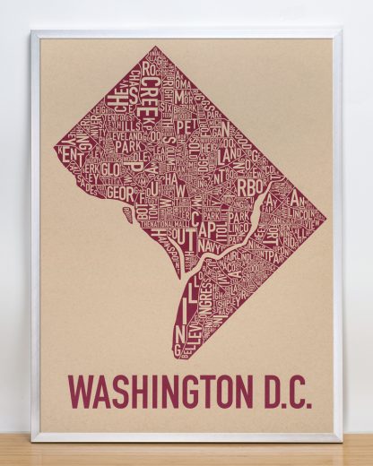 Framed Washington DC Neighborhood Map Screenprint, Tan & Berry, 18" x 24" in Silver Frame