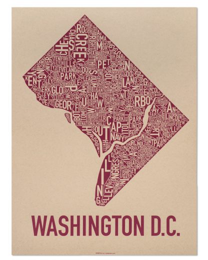 Washington DC Neighborhood Map Screenprint, Tan & Berry, 18" x 24"
