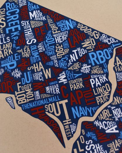 Washington DC Neighborhood Map Poster, Tan/Red/White/Blue, 18" x 24"