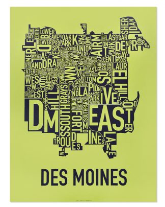 Des Moines Neighborhood Map, Lime & Grey, 18" x 24"