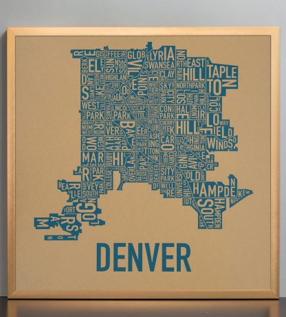 Framed Denver Neighborhood Map Screenprint, Kraft & Blue, 18" x 18" in Bronze Frame