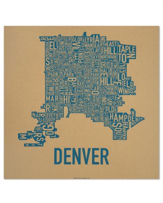 Denver Neighborhood Map Screenprint, Kraft & Blue, 18" x 18"
