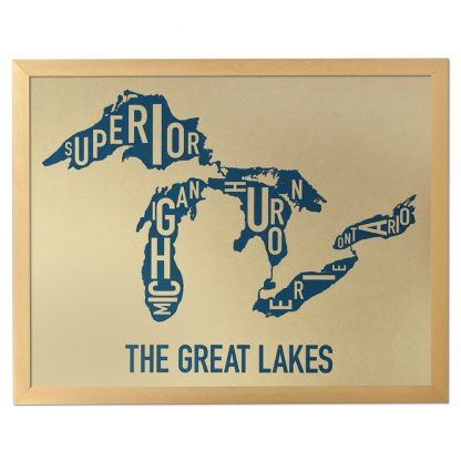 Framed Great Lakes Typographic Map, Gold & Blue Screenprint, 11" x 14" in Bronze Frame