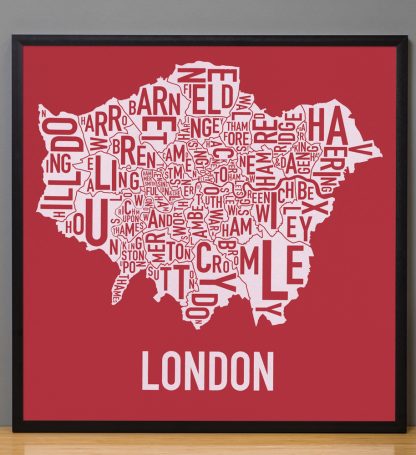 Framed London Borroughs Map Poster Screenprint, Red & White, 20" x 20" in Black Frame