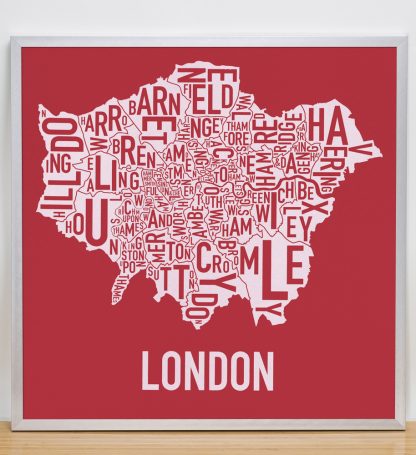 Framed London Borroughs Map Poster Screenprint, Red & White, 20" x 20" in Silver Frame