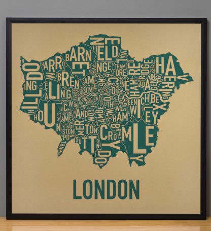 Framed London Borroughs Map Poster Screenprint, Tan & Green, 20" x 20" in Black Frame