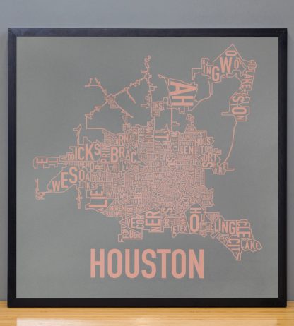 Framed Houston Neighborhood Map Poster, Grey & Peach, 18" x 18" in Black Frame