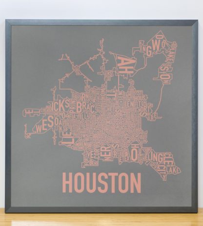 Framed Houston Neighborhood Map Poster, Grey & Peach, 18" x 18" in Steel Grey Frame