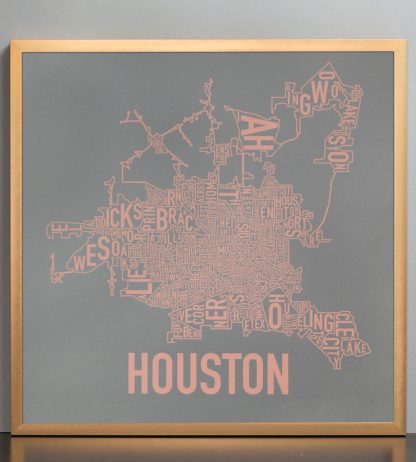 Framed Houston Neighborhood Map Poster, Grey & Peach, 18" x 18" in Bronze Frame