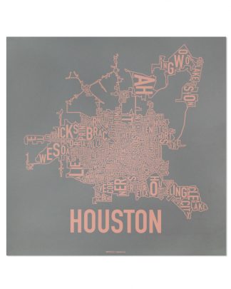 Houston Neighborhood Map Poster, Grey & Peach, 18" x 18"