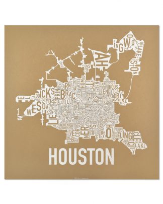 Houston Neighborhood Map Poster, Tan & White, 18" x 18"