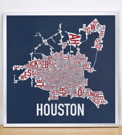 Framed Houston Neighborhood Map Poster, Red White & Blue, 18" x 18" in Silver Frame