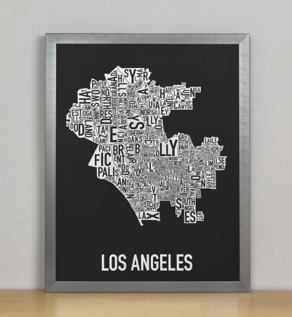 Framed Los Angeles Neighborhood Map Screenprint, Black & White, 11" x 14" in Steel Grey Frame