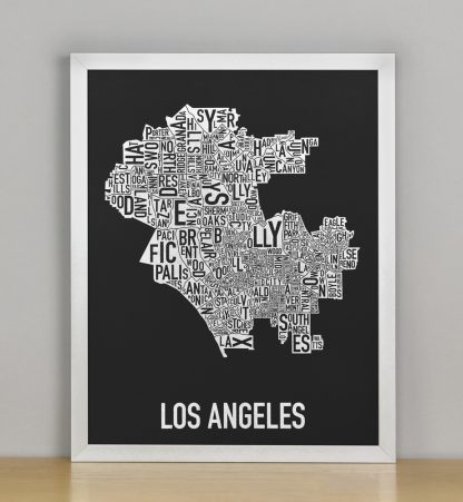 Framed Los Angeles Neighborhood Map Screenprint, Black & White, 11" x 14" in Silver Frame
