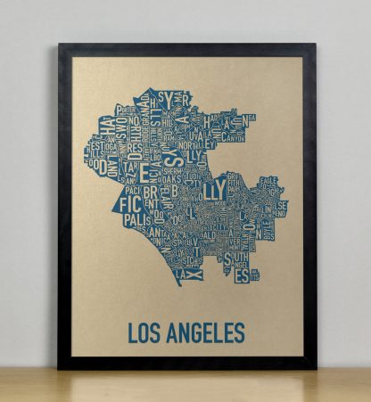 Framed Los Angeles Neighborhood Map, Gold & Blue Screenprint, 11" x 14" in Black Frame